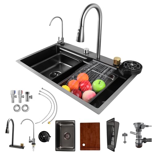 Fulgutonit Wasserfall Küchenspüle, Multifunktional Küche Waschbecken Spüle mit Wasserfall Armatur, Spülbecken Multifunktionsspüle mit Ausziehbare Wasserhähne Glasspüler Komplettes Zubehör (75x46cm) von Fulgutonit