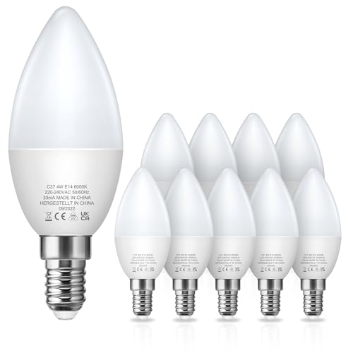 Fulighture E14 LED Kerze Lampe, LED Leuchtmittel in Kerzenform mit E14-Sockel, 350 Lumen 6000K Kaltweiß 3.5W Ersetzt 40W Nicht Dimmbar, 10 Stück von Fulighture