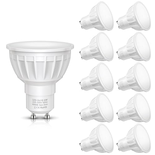 Fulighture GU10 LED, 10er-Pack GU10 LED Lampe, 6000K Kaltweiss 6W Lampe, Ersetzt 55W Halogenlampen, 500LM Leuchtmittel, 100° Strahlwinkel Reflektorlampen, Nicht Dimmbar Birnen von Fulighture