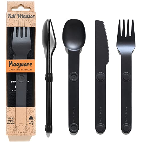 FULL WINDSOR Magware Magnetisches Camping-Besteck-Set, Reiseutensilien für Camping, Kochen und Essen im Freien, Messer, Gabel und Löffel, tragbares Besteck mit Tasche, Schwarz, 3 Stück von Full Windsor