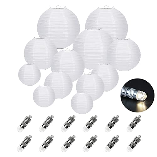 FullBerg 12er Weiß Papier Lampions (Verschiedene Größen) mit 12er Warmweiße Mini LED-Ballons Lichter, rund Lampenschirm Papierlaterne Hochtzeit Dekoration von FullBerg