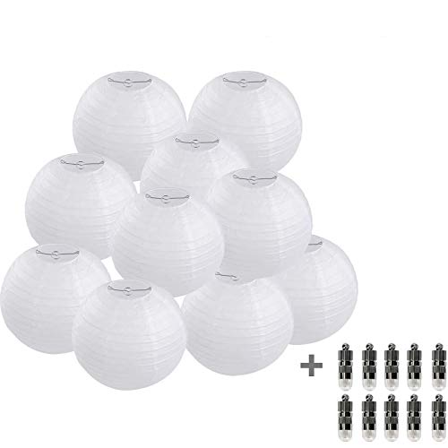 FullBerg 10er 30cm weiß Papierlaterne Lampions mit 10er Warmweiße Mini LED-Ballons Lichter, rund Lampenschirm Hochtzeit Party Dekoration Papierlampen 12" von FullBerg