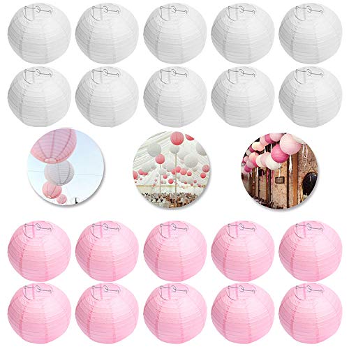 FullBerg 10er weiße + 10er Rosa Papier Laterne Lampion Rund Lampenschirm Ballform für Hochtzeit Kirche Garten Party Dekoration (25cm 10") von Funkeen