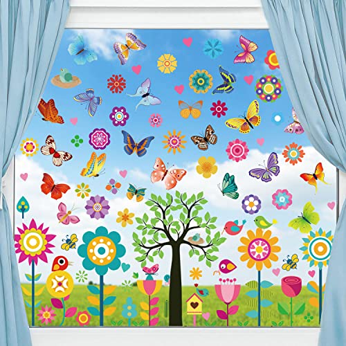 FullJoyHut Fensterbilder Frühling Selbstklebend, Klebefolie Anti-Kollision Aufkleber Fenster Deko Frühling Fenstersticker Blumen Schmetterling Baum Fensterfolie Fensterdeko von FullJoyHut