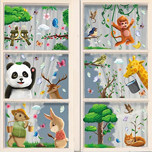 FullJoyHut Fensterbilder Frühling Selbstklebend, Vögel, Panda, Wald, Tier PVC Aufkleber Fenster Deko für Schlafzimmer, Klassenzimmer von FullJoyHut