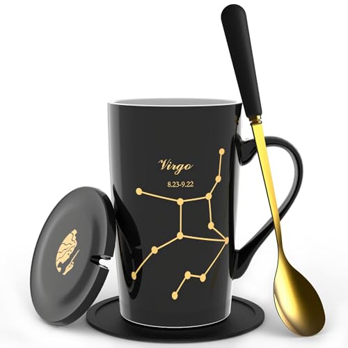 Fullcci - 425 ml Jungfrau Geburtstagsgeschenk Keramik Kreative Konstellation Sternzeichen Kaffeetasse Set Kapazität Upgrade Teetasse für Kakao, Wasser, Milch, Saft (Jungfrau, Schwarz Gold) von Fullcci