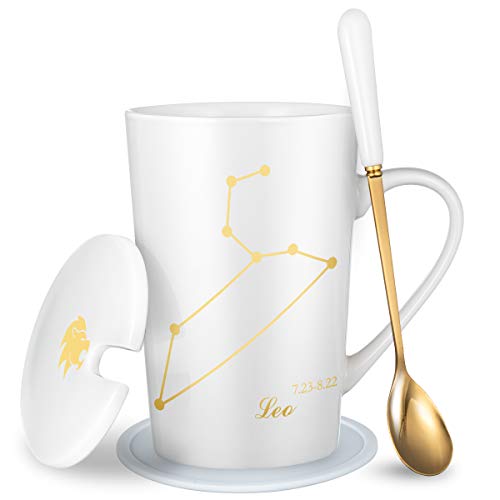 Fullcci - 425 ml kreativer Constellation-Kaffeetasse mit Löffel, Deckel, Untersetzer-Set, Kapazität, Teetasse für Kakao, Wasser, Milch, Saft (Leo-Weiß). von Fullcci