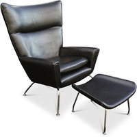 Hans Wegner Ch445 Design Premium Flügelsessel Aus Schwarzem Leder Und Edelstahl Komplett Mit Passendem Fußhocker von FullerVintageUK