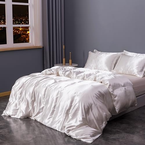Sleepymoon Seidig Satin Bettwäsche Bettbezug Set weiche Bettbezüge mit Reißverschluss und Kissenbezug (Weiß, 135 * 200cm) von Sleepymoon