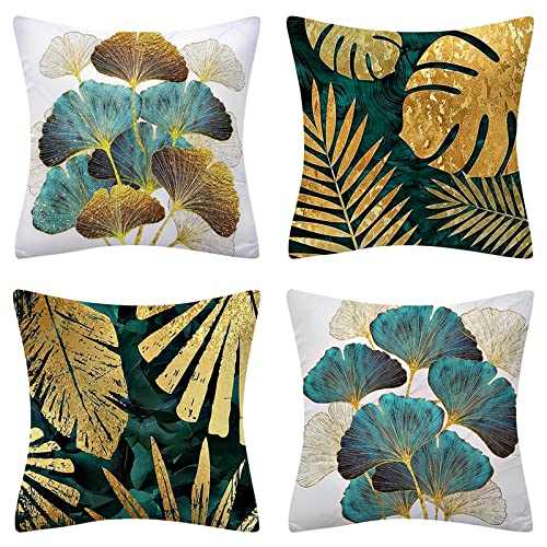 Fullfun Gold Ginkgo Biloba Kissenbezüge, blaugrüne Blätter, 4 Stück, Pflanzenblätter, Kissenbezug mit unsichtbarem Reißverschluss für Sofa und Couch, 45 cm x 45 cm von Fullfun