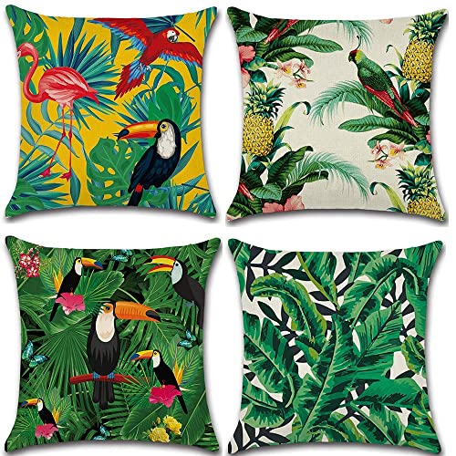 Fullfun Grüne Kissenbezüge Blatt, Tropische Leinen Kissenbezüge mit Flamingo, 4 Stück Quadratische Dschungel Wurfkissenbezug, für Sofa, Couch, Schlafzimmer & Outdoor Kissen 50 cmx50 cm (20x20 Zoll) von Fullfun