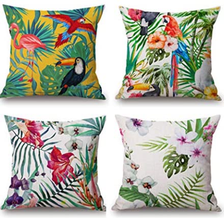 Fullfun Grüne Kissenbezüge Blatt, tropische Leinen-Kissenbezüge mit Flamingo, 4 Stück quadratische Dschungel-Wurfkissenbezüge, für Sofa, Couch, Schlafzimmer und Outdoor-Kissen, 45 cm x 45 cm von Fullfun