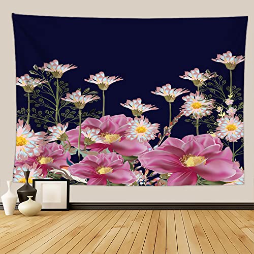 Fullfun Rosa Lotus Blumen Wandteppich, Marineblau Hintergrund Blumen Tapisserie Home Decor Wandbehang Botanischer HD Druck für Wohnzimmer, Schlafzimmer & Wohnheim 150cm x 200cm von Fullfun