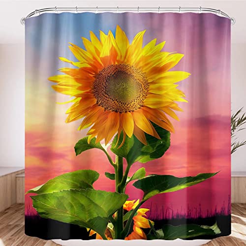 Fullfun Sonnenblumen-Duschvorhang, gelbe Blumen mit Sonnenuntergang, bedruckter Badezimmer-Vorhang, grüne Blätter, hübsche Pflanzen-Duschvorhang mit 12 Haken, wasserdicht, waschbar, 180 x 180 cm von Fullfun