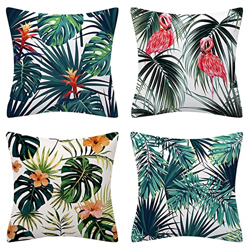 Fullfun Tropische Kissenbezüge, Blatt-Kissenbezüge mit Flamingo, 4 Stück, quadratischer Dschungel-Kissenbezug, für Sofa, Couch, Schlafzimmer und Outdoor-Kissen, 50 x 50 cm von Fullfun