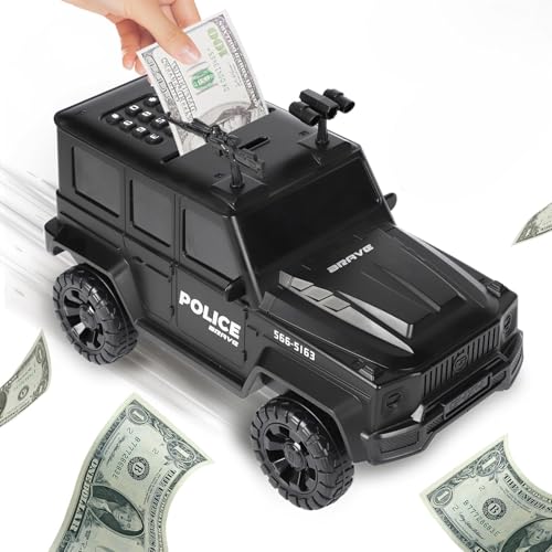 Polizei-Auto Spardose mit Zahlenschloss Kinder Jungen & Mädchen 3 4 5 6 7 8 Jahre, Sparschwein Groß, Automatisches Geldrollen, Piggy Bank mit Passwortschutz und Sound, Geschenk Mädchen & Junge von Fullware