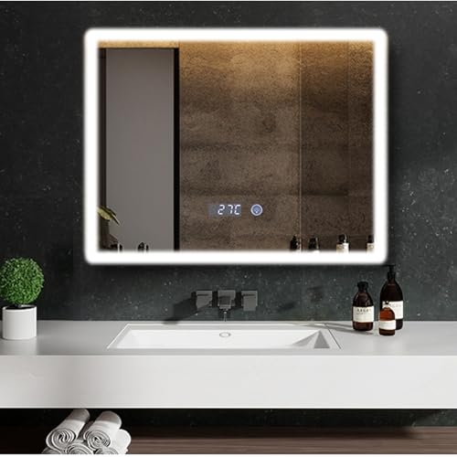 Fullwatt Badspiegel mit Beleuchtung, LED Badspiegel 80x60 cm, Einstellbare Lichthelligkeit, Badezimmerspiegel mit Touch Schalter, Wasserdicht IP44, Digitaluhr, Beschlagfrei, Quadrat von Fullwatt