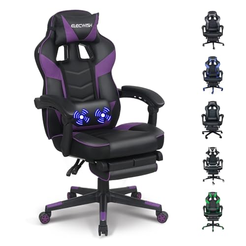 Fullwatt Gaming Stuhl, Bürostuhl Ergonomisch Racing Stuhl Massage Gamingstuhl mit Fußstütze 90-150° Rückenlehne Verstellbar, mit Abnehmbare Kopfstütze Lendenkissen, PU Leder Lila von Fullwatt