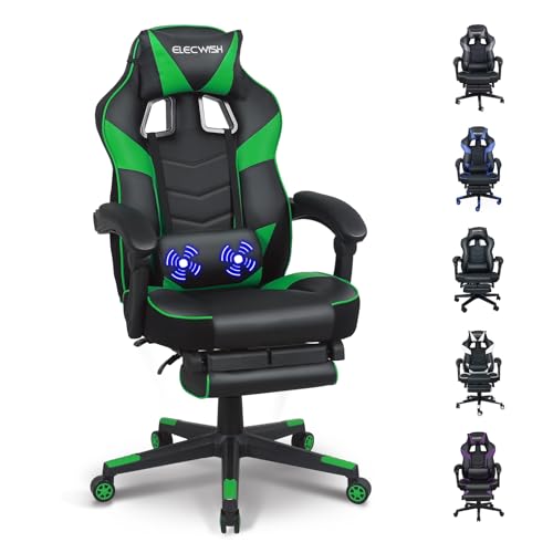 Fullwatt Gaming Stuhl, Bürostuhl Ergonomisch Racing Stuhl Massage Gamingstuhl mit Fußstütze 90-150° Rückenlehne Verstellbar, mit Abnehmbare Kopfstütze Lendenkissen, PU Leder Grün von Fullwatt