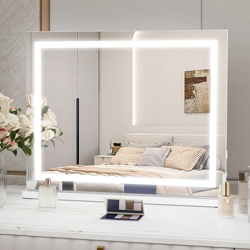 Fullwatt Schminkspiegel mit Beleuchtung 58X46 cm, Hollywood Spiegel mit LED Licht, 3 Farbtemperatur Licht, mit USB, Touch Control, Tischplatte oder Wandhalterung für Schlafzimmer von Fullwatt