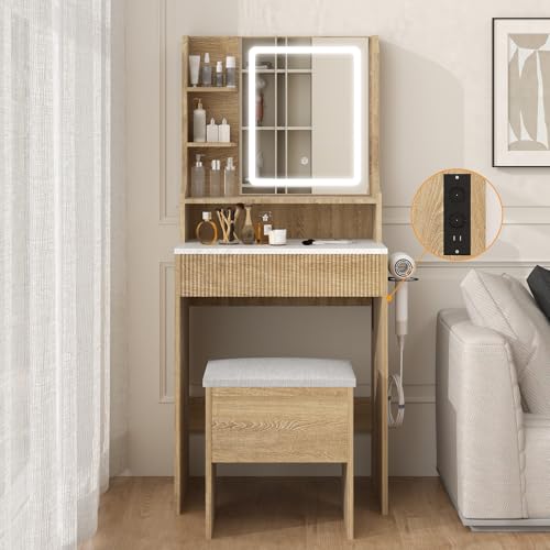 Fullwatt Schminktisch mit Beleuchtung und Steckdose, Frisiertisch mit Spiegel, 1Schubladen und 3Ablageböden, 3 Farben, Einstellbarer Helligkeit, Hocker mit Stauraum Ausgestattet und Haartrocknerhalter von Fullwatt