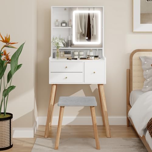 Fullwatt Schminktisch mit LED-Beleuchtung, Frisiertisch mit Spiegel und Hocker, 3 Farben mit Einstellbarer Helligkeit, Kosmetiktisch mit Schiebespiegel, mit 2 Schubladen und 3 Offenen Fächern, Modern von Fullwatt