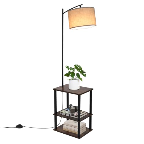Fullwatt Stehlampe mit Holzregal Innenbeleuchtung Holz Stehleuchte mit Regalen für Schlafzimmer und Wohnzimmer (Schwarz - Neu) von Fullwatt