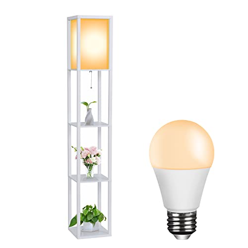 Fullwatt Stehlampe mit Holzregal Innenbeleuchtung Holz Stehleuchte mit Regalen für Schlafzimmer und Wohnzimmer (Weiß & Glühbirne) von Fullwatt
