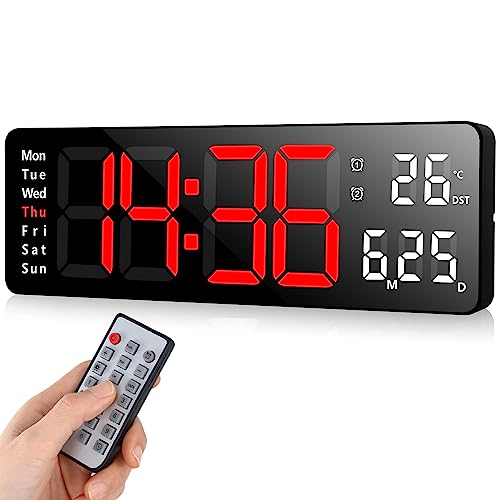 Fuloon Digitale Wanduhr, USB Wanduhr mit Großdisplay, LED-Digitaluhr mit Fernbedienung, Countdown-Dimmer, große Uhr mit Datum, Woche, Temperatur (Rot, 13 Zoll) von Fuloon