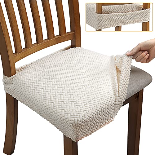 Fuloon Stretch Jacquard Stuhl Sitzbezüge für Esszimmer, abnehmbare waschbar Stuhl Sitz Protector Slipcover (Beige, 4) von Fuloon