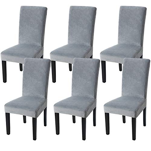 Fuloon Stuhlhussen Samt, Universal Stuhlüberzug,6er Set Stretch Stuhlbezug Protector Cover, Abnehmbar Waschbar Chair Cover für Hotel, Esszimmer, Zeremonie, Bankett Hochzeit Party,Grau von Fuloon