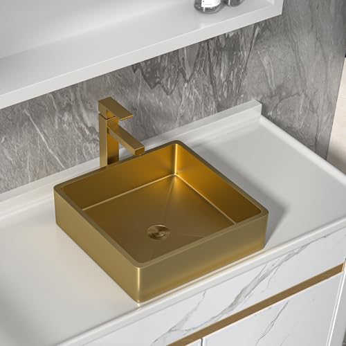 Fulorni Badezimmer-Waschbecken, quadratisch, gebürstetes Gold, Nano-PVD, 16 Gauge, 304 Edelstahl, oberhalb der Theke, moderner Waschtisch, WC, Waschbecken, 38,1 x 38,1 cm von Fulorni