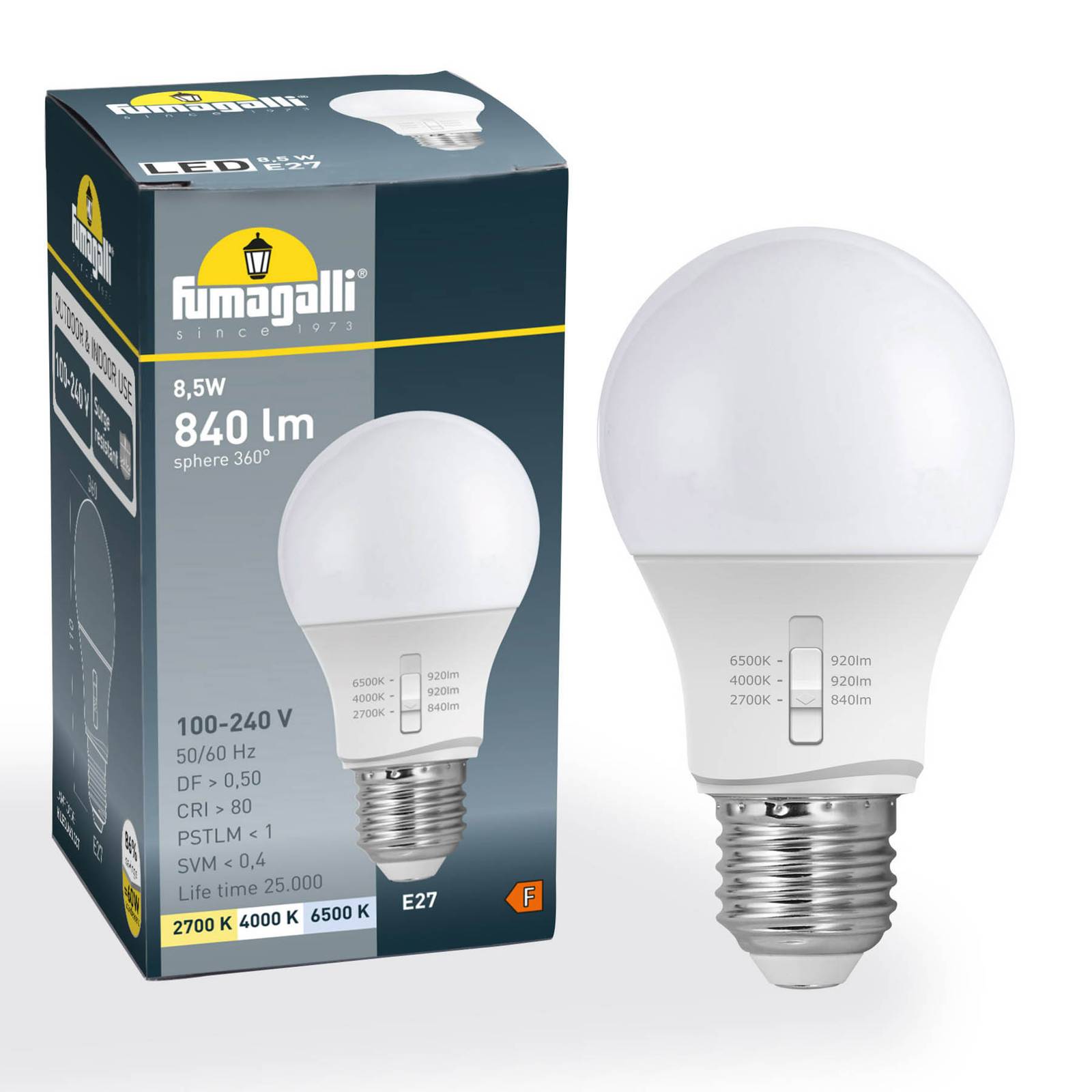 E27 8,5W LED-Lampe A60 CCT 2.700/4.000/6.500K von Fumagalli