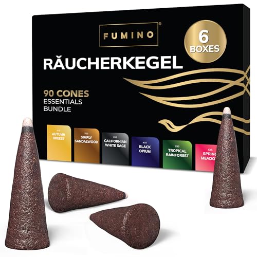 Fumino Räucherkegel-Set Essentiell Multipack - Frische Räucherkerzen mit Masala Agarbatti Joss Räucher Duft - 6 Boxen, 90 Räucherkegel - Räucherpyramiden Weihrauch für Entspannung & Meditation von Fumino