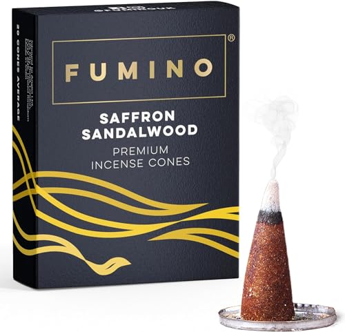 Fumino Räucherkegel mit frischem Duft Safran Sandelholz – 1 Box à 20 Kegel Masala Agarbatti Räucherkerzen Klein - Duft für Entspannung, Meditation, Linderung bei Stress und Angstzuständen von Fumino