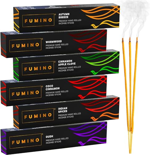 Fumino Räucherstäbchen-Set Kamin & Frost Multipack - Frische handgefertigte Räucherstäbchen Sandelholz & Masala Agarbatti Joss Duft - 6 Räucherstäbchen-Boxen 84 Stäbchen (90 g) für Entspannung von Fumino