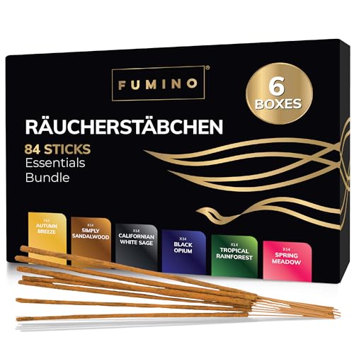 Fumino Räucherstäbchen Set Essentiell Multipack - Entspannung & Meditation mit Handgefertigten Räucherstäbchen & Masala Agarbatti - Joss Duft - 6 Räucherstäbchen Probierset Boxen, 84 Stäbchen (90 g) von Fumino