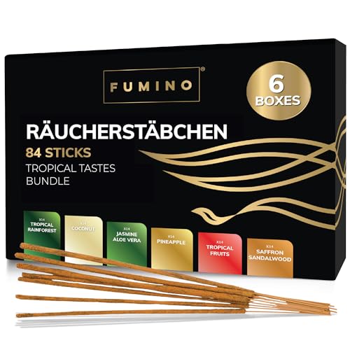Fumino Räucherstäbchen Set Tropische Geschmäcker Multipack - Entspannung & Meditation mit Handgefertigten Masala Agarbatti Joss Duft - 6 Räucherstäbchen Probierset Boxen, 84 Stäbchen von Fumino