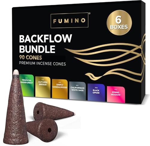 Fumino Rückfluss Backflow Räucherkegel-Set Essentiell Multipack - Frische Räucherkerzen mit Masala Agarbatti Joss Duft - 6 Boxen 90 Räucherkegel Wasserfall für Entspannung und Meditation von Fumino