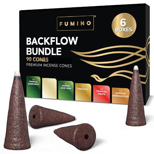 Fumino Rückfluss Backflow Räucherkegel-Set Tropische Geschmäcker Multipack - Frische Räucherkerzen mit Masala Agarbatti Joss Duft - 6 Boxen 90 Räucherkegel Wasserfall für Entspannung und Meditation von Fumino