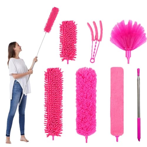 FumyFumy Staubwedel Teleskop Lang Ausziehbar, Staubwischer Waschbar Spinnwebenbesen mit Teleskopstiel, Spinnenwebenentferner Staubwedel mit Teleskopstange Ausziehbar auf 2.6m für Spinnenweben 7Pcs von FumyFumy
