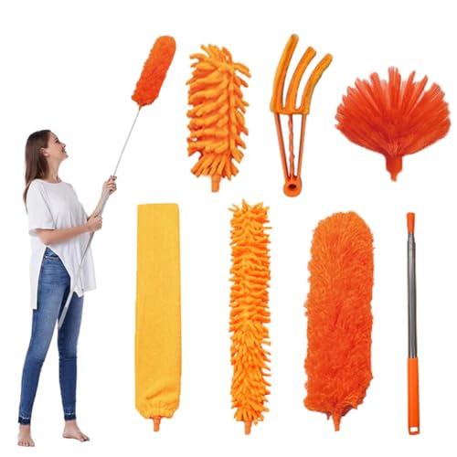 FumyFumy Staubwedel Teleskop Lang Ausziehbar, Staubwischer Waschbar Spinnwebenbesen mit Teleskopstiel, Spinnenwebenentferner Staubwedel mit Teleskopstange Ausziehbar auf 2.6m für Spinnenweben 7Pcs von FumyFumy