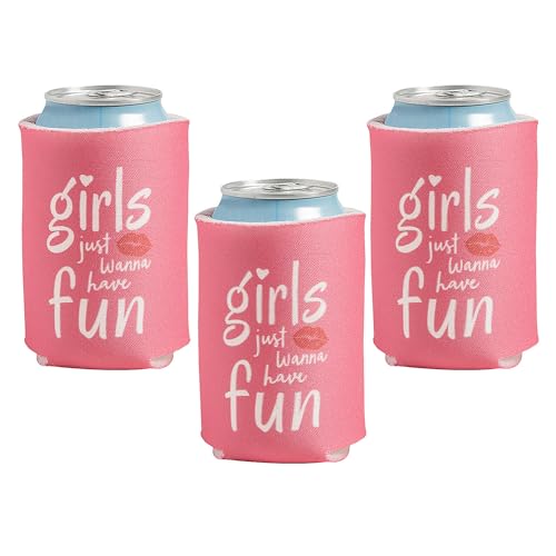 Schaumstoff-Dosenkühler mit Aufschrift "Girls Just Wanna Have Fun", für 340 ml Dosen, perfekt für Junggesellinnenabschiede, Brautpartys und Mädelsabende, Rosa, 12 Stück von Fun Express