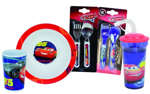 Fun House | Geschirr-Set Cars für Kinder, 5-teilig, tiefer Teller Ø 16 cm, Glas 220 ml, Glas mit Strohhalm 400 ml, 2 Paar Besteck, Höhe 13,5 cm, offizielles Disney-Lizenzprodukt, wiederverwendbar, ab von Fun House