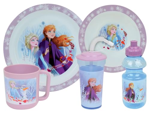 Disney Königin der Nieges Geschirrset für Kinder mit 1 tiefen Teller, Ø 16 cm, 1 Teller Ø 22 cm, 1 Tasse 350 ml, 1 Trinkbecher 350 ml und 1 Becher mit Strohhalmen 400 ml – wiederverwendbar von Fun House