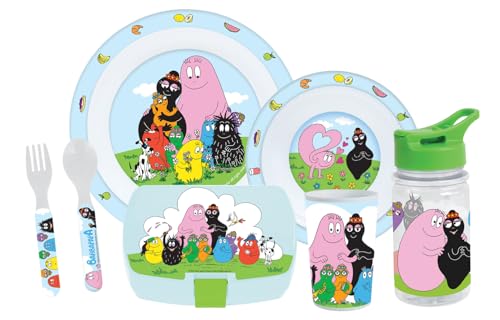 FUN HOUSE | Komplettes Set Lunchbox Barbapapa für Kinder | 1 Glas, 2 Teller + Besteck + Trinkflasche und Brotdose | offizielles Lizenzprodukt | wiederverwendbar und mikrowellengeeignet | Geschenkidee von Fun House
