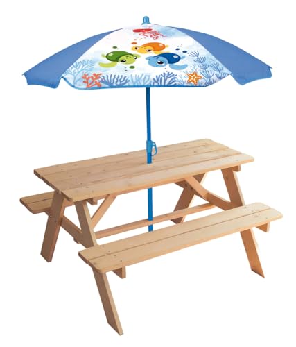 FUN HOUSE MA Petite Carapace Picknicktisch, Höhe 53 x 95 x Ø 100 cm, mit Sonnenschirm Schildkröte, Höhe 125 x Ø 100 cm, für Kinder von Fun House