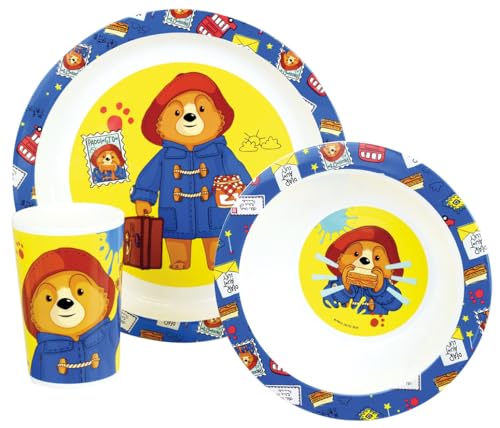Fun House | Paddington Kinder-Lunch-Set | Teller Ø 22 cm | Schüssel Ø 16 cm | Glas 220 ml | Offizielles Lizenzprodukt | Wiederverwendbares Geschirr waschbar in der Spülmaschine | 3-teiliges Set für von Fun House