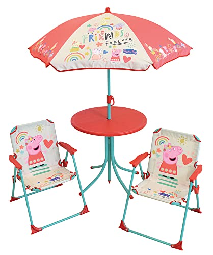 FUN HOUSE Peppa Pig Gartenm�bel - 1 Tisch H.46x�46cm, 2 St�hle H.53xB.38,5xT.37,5 cm und 1 Sonnenschirm H.125 x �100 cm - F�r Kinder von Fun House