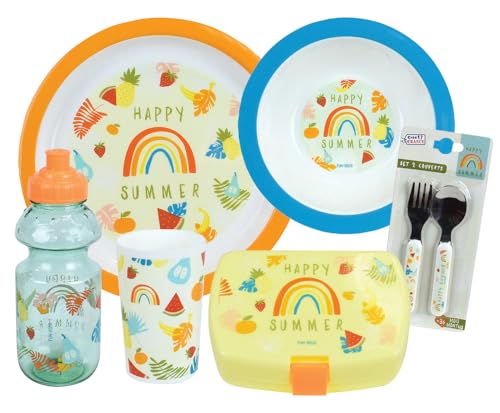 Fruity's Geschirrset für Kinder, mit 1 Glas 220 ml, 1 Suppenteller Ø 16 cm, 1 flacher Teller Ø 22 cm, 1 Trinkbecher 350 ml, 1 Snackbox und 2 Deckeln, wiederverwendbar von Fun House